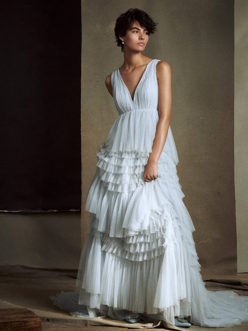 BHLDN Tinka Tiered V-Neck Tulle Wedding Gown Size 14 Pale Blue